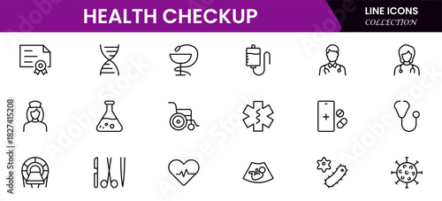 Health Checkup web icons in line style. Medicine, check up, doctor, dentistry, pharmacy, lab, scientific discovery, collection. Vector illustration.
