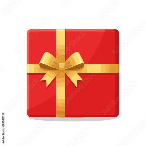 Square red present wrapped with a shiny golden ribbon and bow on a clean background.
