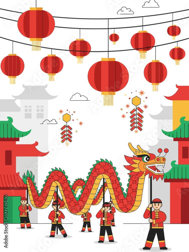 A vector illustration of a Chinese dragon dance parade celebrating a new digital business model for cultural festivals