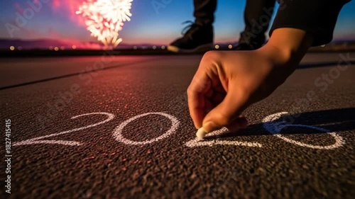 Anticipation and celebration: A hand writing 2026 with fireworks bursting at dusk