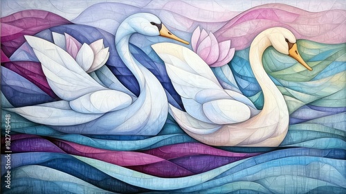 Fototapeta Naklejka Na Ścianę i Meble -  An abstract painting depicting two swans floating on water with lotus flowers. The artwork features a colorful, stylized design.