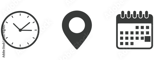 Clock location and calendar icons, representing time, place, schedule, appointments, planning, organization, reminders, deadlines, daily routine, productivity, business management, event tracking,