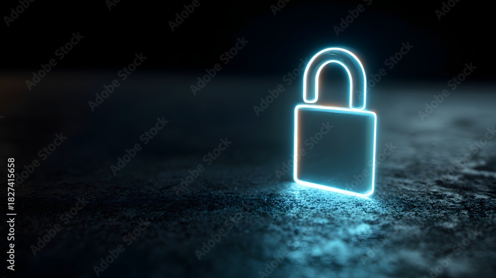 Fototapeta premium Glowing Neon Padlock on Dark Background Representing Digital Security and Data Protection.