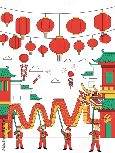 Celebratory Chinese Dragon Dance Performance Illustrating a Vibrant Digital Business Model with Festive Lanterns and Firecrackers