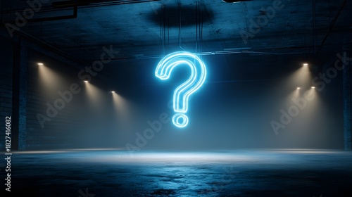 Glowing Question Mark in Dark Industrial Setting with Spotlights.