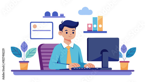 businessman working on computer at office desk with plants
