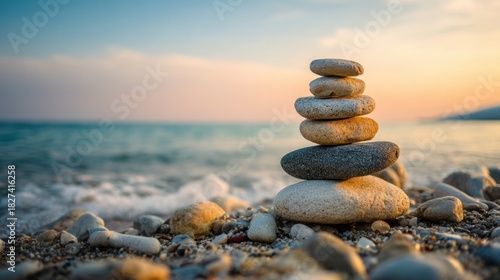 A stack of smooth stones sits beside gentle waves on a beach during sunset. The soft colors of the sky blend with the water evoking tranquility and balance in nature.