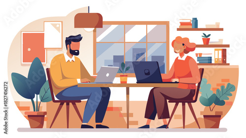 Diverse professionals collaborating on laptop in bright modern home office with plants and natural light