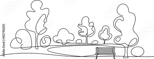 Continuous line art drawing of a peaceful park scene with trees, a pond or path, and a park bench.