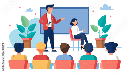 business presentation with audience and speaker in modern office setting