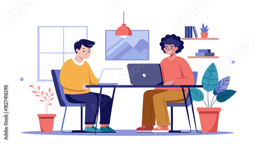 Diverse colleagues collaborating on laptop in modern home office with warm lighting and plants