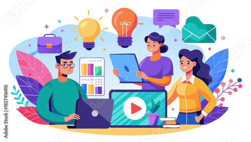 Diverse team collaborating on digital content creation with creative ideas and video production