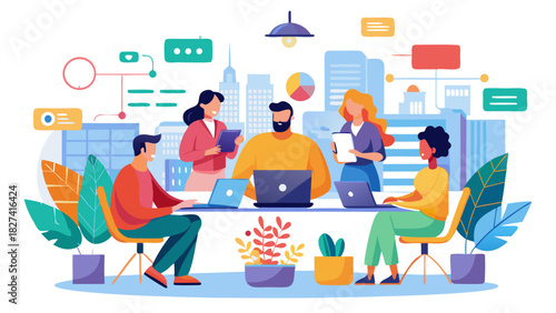 Diverse team collaborating in modern office with bright natural lighting and creative brainstorming elements