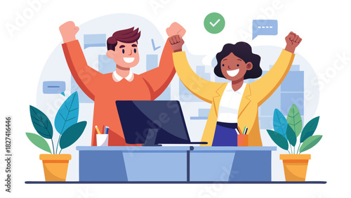 Diverse professionals celebrating success with laptop and plants in modern office environment