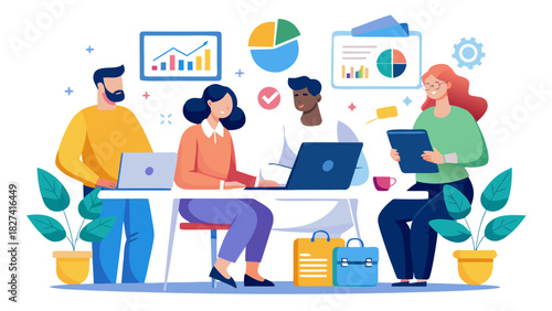 Diverse team collaborating on digital marketing strategy in modern office with analytics and charts