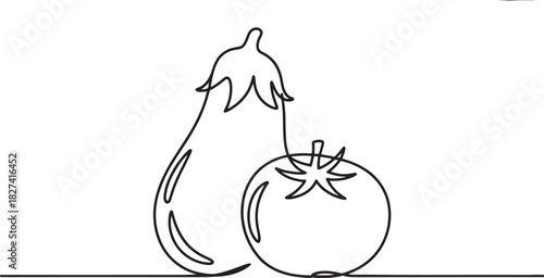  line art drawing of an eggplant  and a tomato, representing healthy food and farming.
