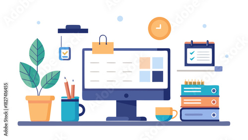 Flat lay workspace with laptop, eco-friendly office supplies, and online shopping concept on pastel background