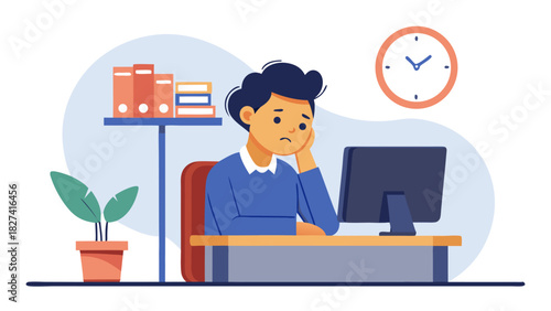 tired businessman sitting at desk with computer and books