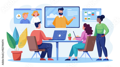 Diverse team in hybrid work meeting with remote colleague on video call in modern office