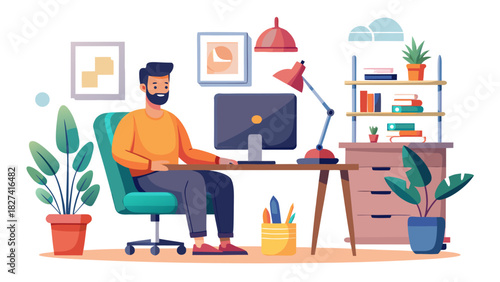 Young professional man working on laptop in bright home office with plants and modern decor