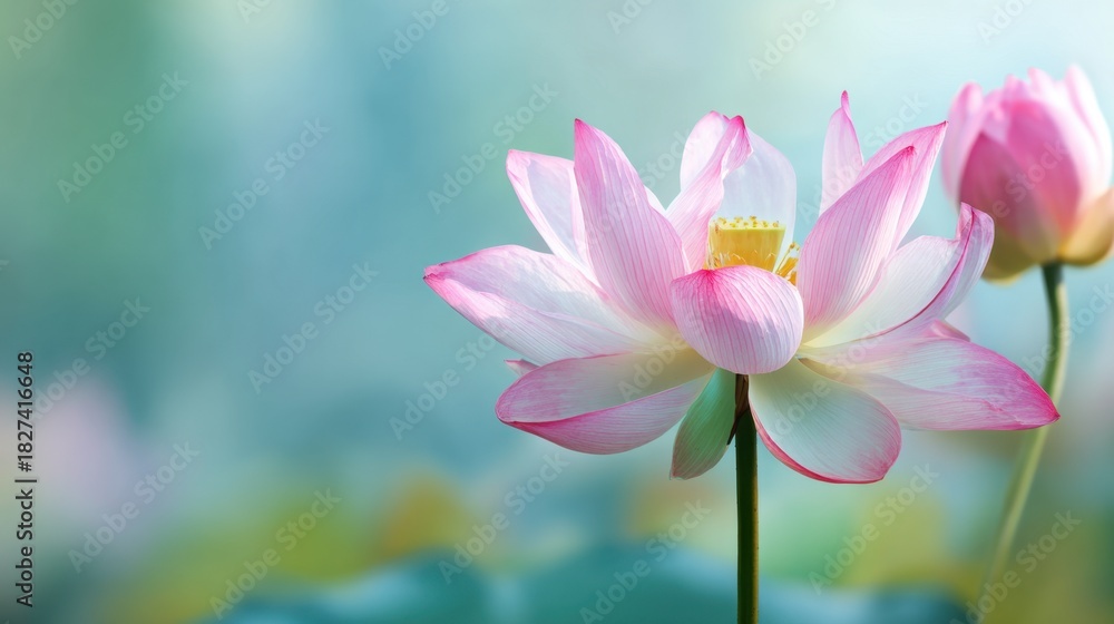Fototapeta premium Pink lotus flowers rise gracefully above a calm pond their petals softly opening in the morning light. The vibrant green leaves frame the delicate blossoms creating a peaceful scene.
