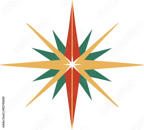 Stylized starburst compass rose with red yellow and green points