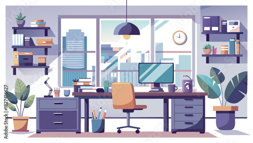 Modern home office workspace with computer, plants, and natural lighting for remote work productivity