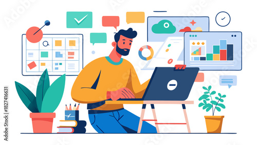 Freelance web developer working on laptop in bright home office with productivity icons and plants