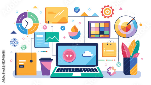 Flat lay workspace with laptop, colorful stationery, and business icons for productivity and creativity