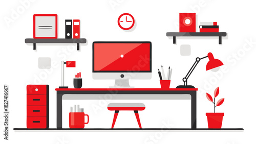 Modern home office setup with red and black minimalist furniture and productivity icons