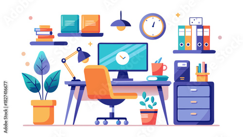 Modern home office workspace with computer, clock, and productivity tools in bright daylight setting