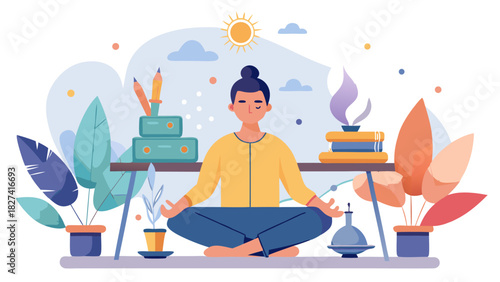 Young woman meditating at home office desk with plants and natural sunlight for wellness and work-life balance