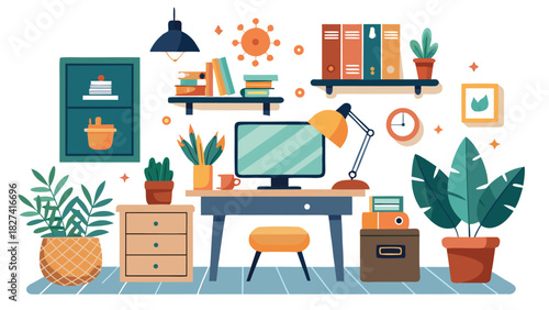 illustration of a cozy home office with computer and plants