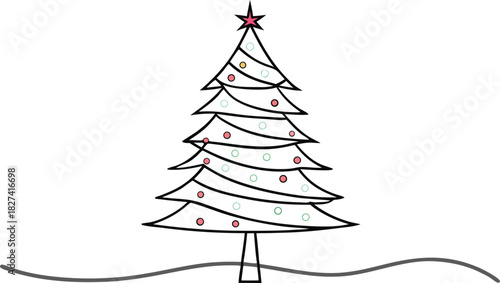 Simple hand drawn christmas tree with ornaments and star on white background