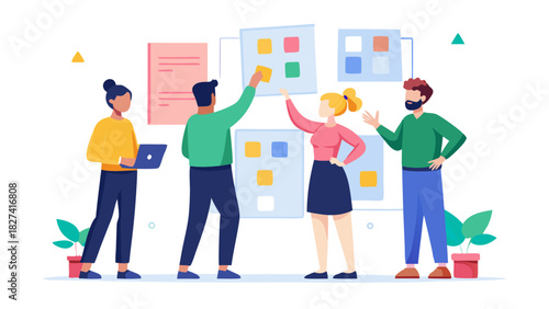 Diverse team collaborating on project planning with colorful sticky notes in modern office