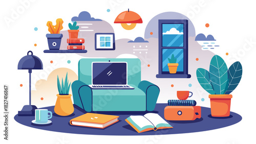 cozy home office setup with laptop, plants, and warm lighting for remote work productivity