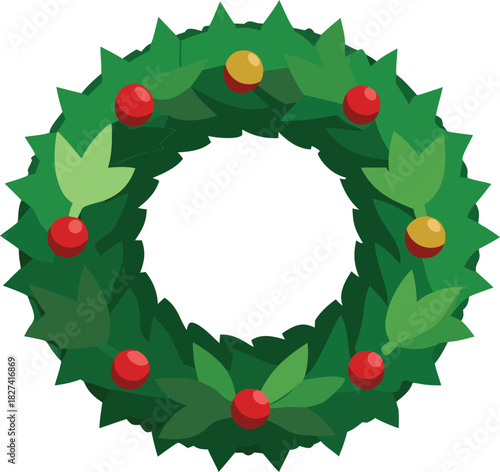 Green christmas wreath with red and yellow berries