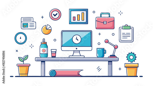 flat lay workspace with laptop, productivity icons, and office supplies on pastel desk