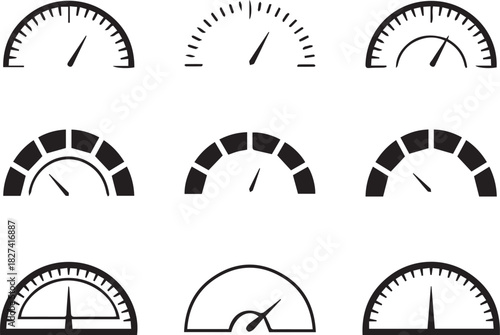 Black and white vector illustration of nine stylized analog gauge icons in 3x3 grid layout