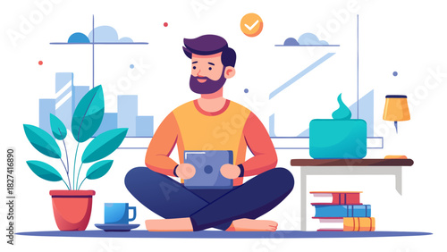 Young professional man meditating with tablet in bright home office for work-life balance and mindfulness