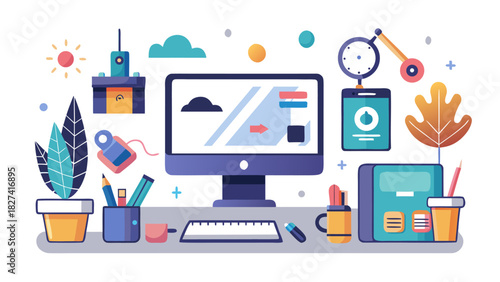 Flat lay workspace with laptop, digital marketing icons, and office supplies on light blue background