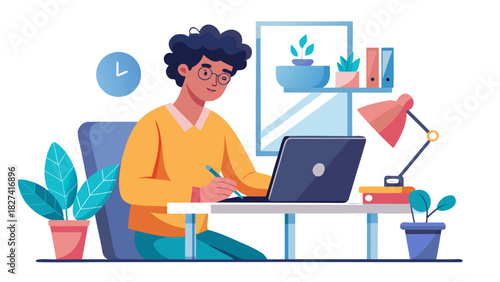 Young professional woman working on laptop in bright home office with plants and eco-friendly decor