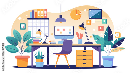 Modern home office workspace with laptop, plants, and creative design elements in warm natural lighting