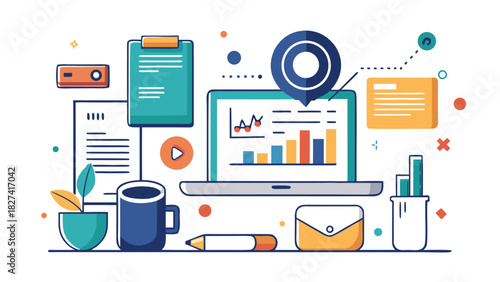 business productivity workspace with laptop and office supplies