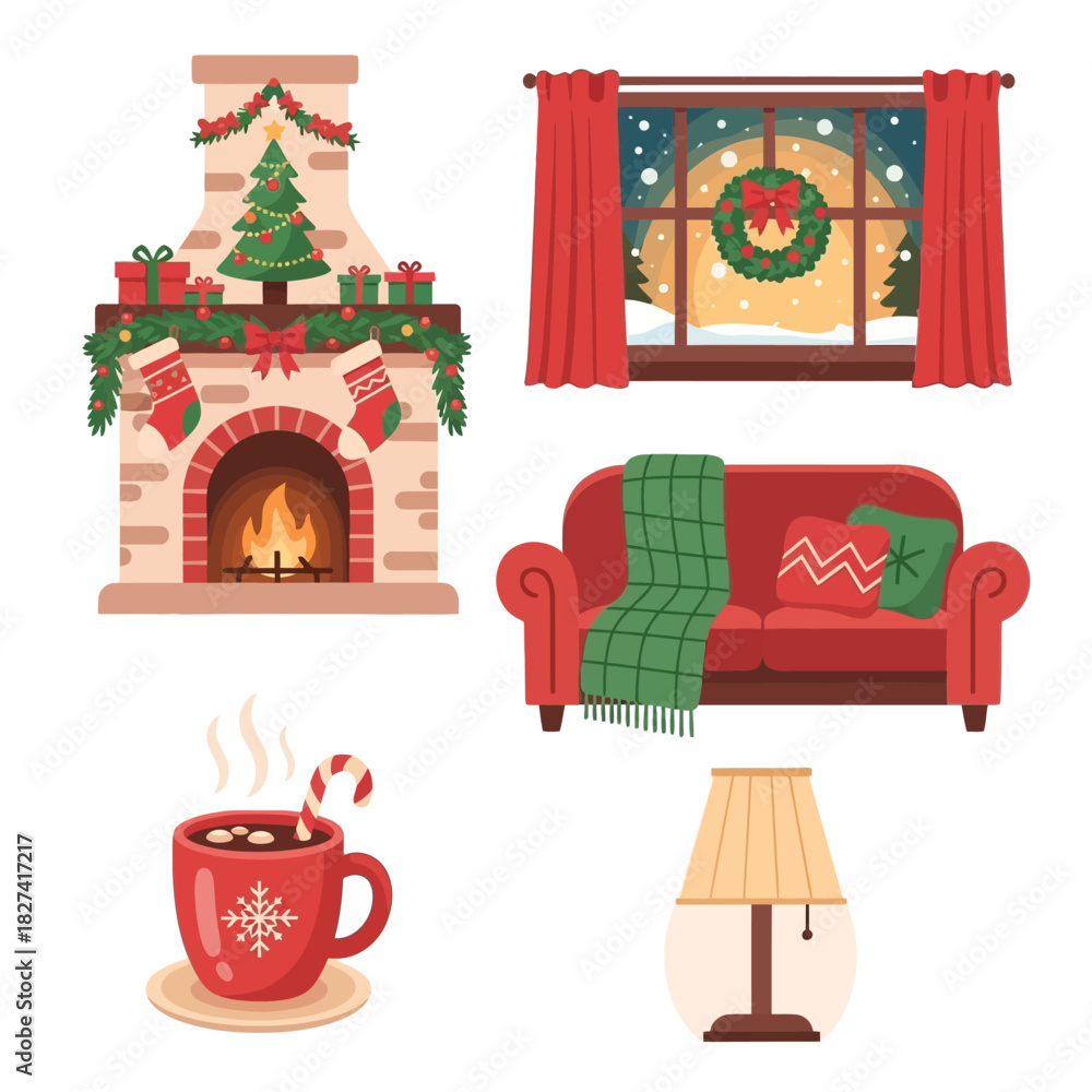 Naklejka premium Flat Design Christmas Cozy Home Icon Set
