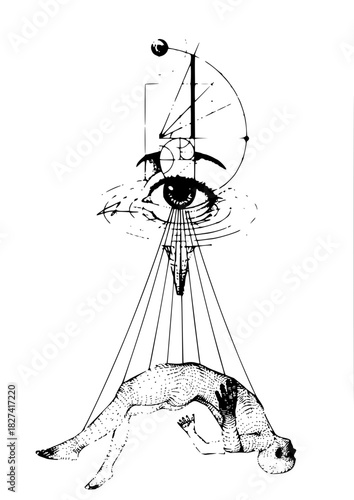 Intricate monochrome art illustration showing symbolic connection between human form and cosmic awareness, perfect for artistic or philosophical themes