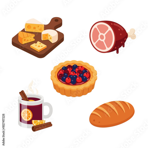 Flat Design Christmas Gourmet Food Icon Set
