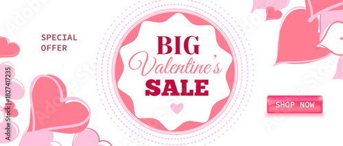 Horizontal Valentines Day sale banner with elegant typography, romantic design elements and a prominent Shop Now button. Modern promotional layout for seasonal discounts, online stores, holiday market