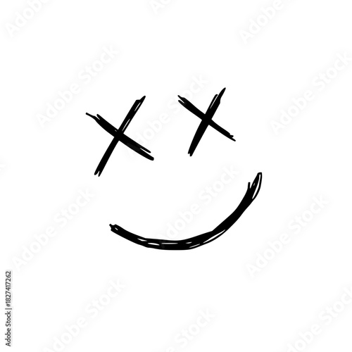Whimsical hand-drawn smiley face with quirky crossed eyes, perfect for adding a playful touch to designs or expressing a fun, unconventional mood