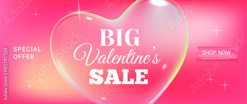 Horizontal Valentines Day sale banner with elegant typography, romantic design elements and a prominent Shop Now button. Modern promotional layout for seasonal discounts, online stores, holiday market
